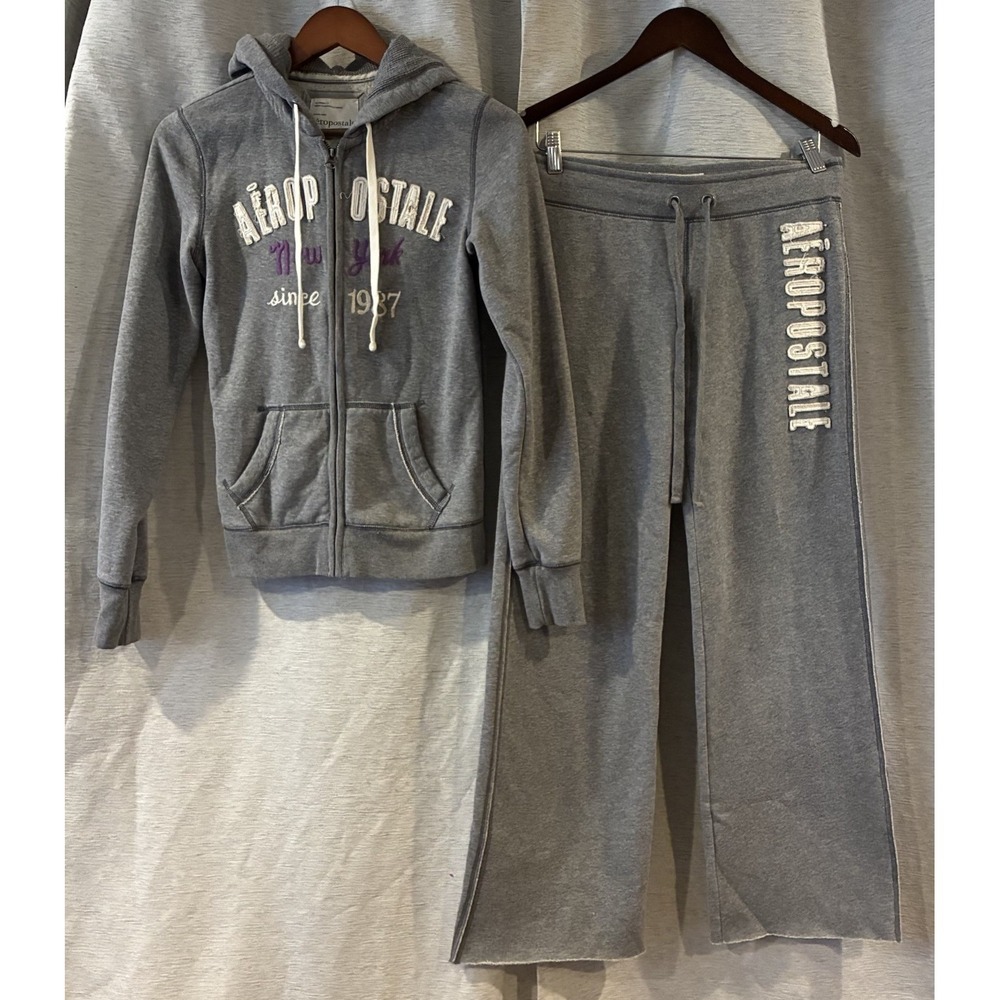 Aeropostale 1987 Gray Hoodie and Flare Pants Set Y2K Preppy Women Small